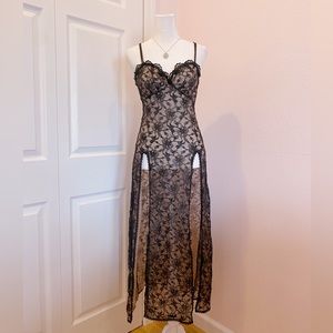 vintage frederick’s of hollywood black floral overlay maxi slip dress